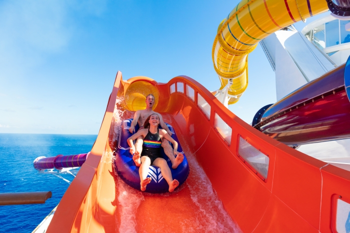 March 2019 - The Blaster is the cruise line’s first aqua coaster and the longest waterslide at sea. The adrenaline-inducing slide propels thrill seekers through more than 800 feet of dips, drops and straightaways, and extends over the side of the ship.