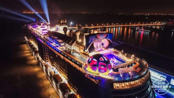 June 3, 2019 - Spectrum of the Seas, Royal Caribbean International’s newest ship, made its highly anticipated debut in China today. The first Quantum Ultra Class ship sailed into the Shanghai Wusongkou International Cruise Terminal.